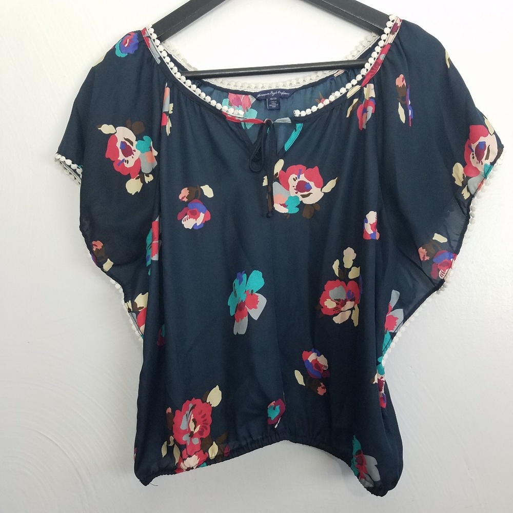 American Eagle Crochet Trim Floral Blouse